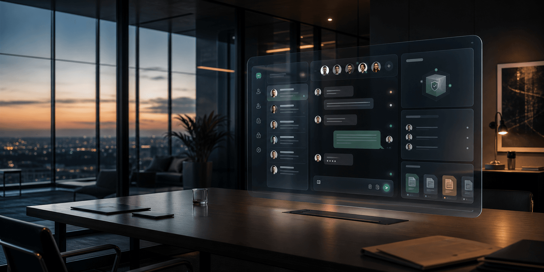 A secure private chat room interface in a modern business room